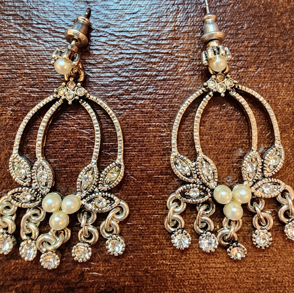 #270 Boho Style Earrings Clear Rhinestone and Faux Pearls in Antiqued SilverTone